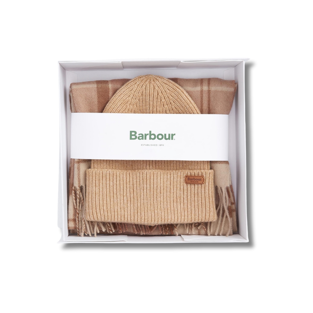 Coffret Barbour charpe + bonnet Camel Aubrey