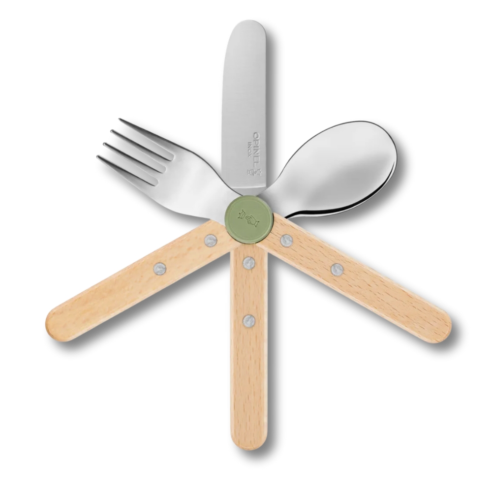 Opinel Le Petit Gourmet : Set de Couverts Bout Rond et évolutif (Vert Olive)
